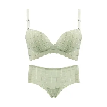 

One-piece Plaid Bra Set Without Steel Ring Gathered Bra Sexy Lingerie Sets Gathered Adjustable Bra & Panties new