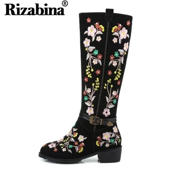 

RIZABINA Size 33-46 Women Real Leather High Heel Boots Embroidery Zipper Long Boot Warm Fur Shoe Winter Boot Woman Footwear