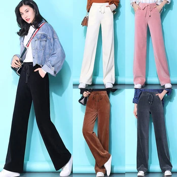 

Corduroy Women Sweatpant Wide Leg Pant High Waist Plus Size Long Pant With Pocket Drawstring Female Casual Female Trousers Pink