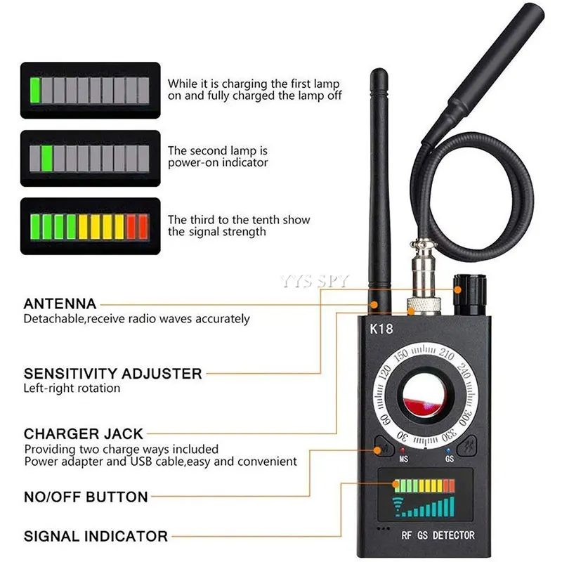 K18 Anti Spy RF Signal Scanner Candid Cam Hidden Camera Detector Magnetic GPS Tracker Wireless Audio GSM Bug Finder with Bag