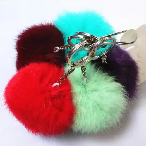Real natural Rabbit Bunny Fur PomPom ball keychain ballet metal key chain ring holder keyring women bag charm pendant | Украшения и