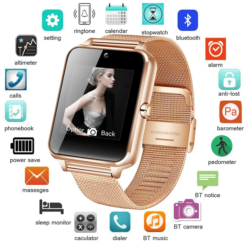 Модные часы Smart Watch металлический цифровые часы со слотом для Sim карты нажмите сообщение Bluetooth Подключение Android IOS Телефон Смарт-часы