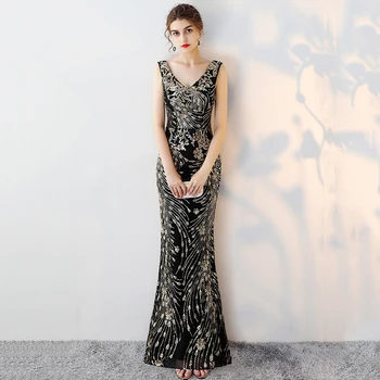 

Evening Dress Sexy Double V-Neck Sleeveless Mermaid Long Formal Gowns Shiny Sequins Elegant Prom Dresses vestido de festa F247-1