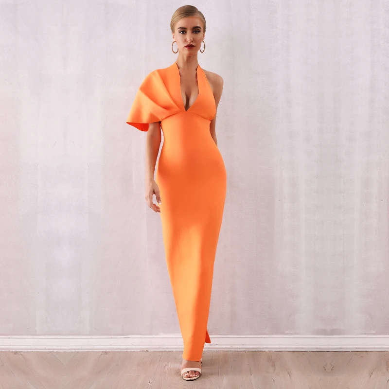 Осенне-зимнее оранжевое длинное Бандажное платье на одно плечо, женское сексуальное платье с глубоким v-образным вырезом, платья макси для вечеринок и клубов