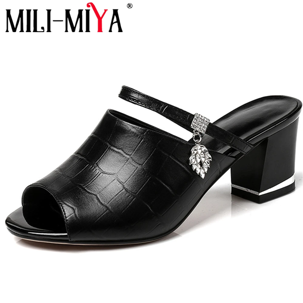 MILI-MIYA; Модные женские босоножки из натуральной кожи; модельные туфли на квадратном каблуке с круглым носком и кристаллами; летние туфли для вечеринок; тапочки; большие размеры 34-41