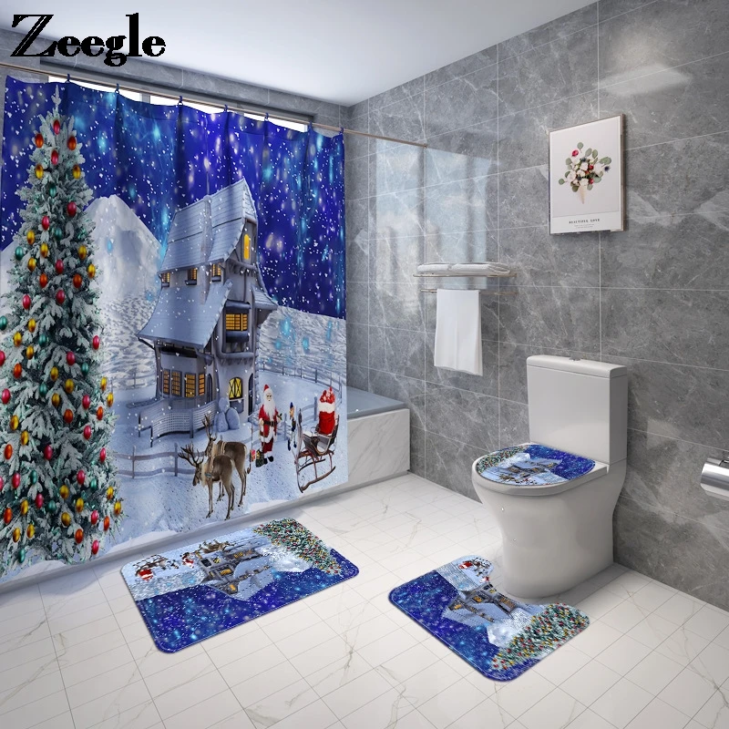 Christmas Bath Mat and Shower Curtain Set Non-slip Bathroom Floor Carpet Toilet Seat Cover Mat Europe Style Bathroom Carpet Set