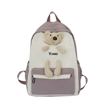 

Cartoon Cute Backpack With Bear Contrast color Fresh School Bag for Teenage Girls Book Bags Women Shoulder Bags