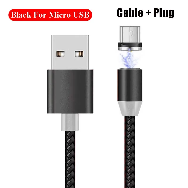 2 м Магнитные кабели для мобильных телефонов для iphone 11 Pro Max type C Micro USB зарядное устройство для samsung провод шнур Магнит кабель для быстрой зарядки - Цвет: Black For Micro USB