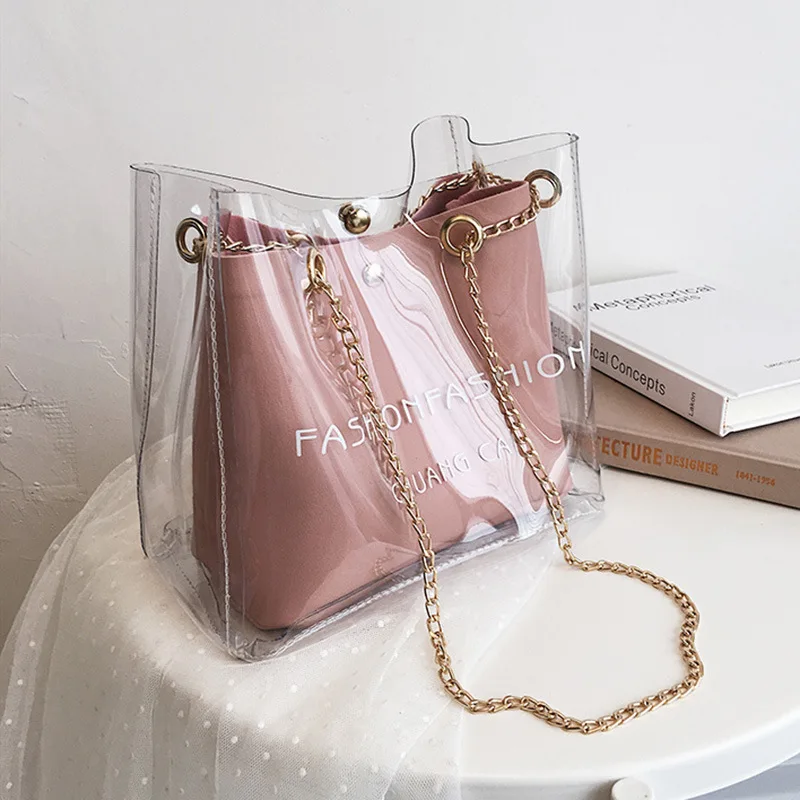 

Transparent Jelly Bag Women's 2019 Summer New Style Fashion Korean-style Fashion Hand Different Size Bags Chain Shoulder Bucket
