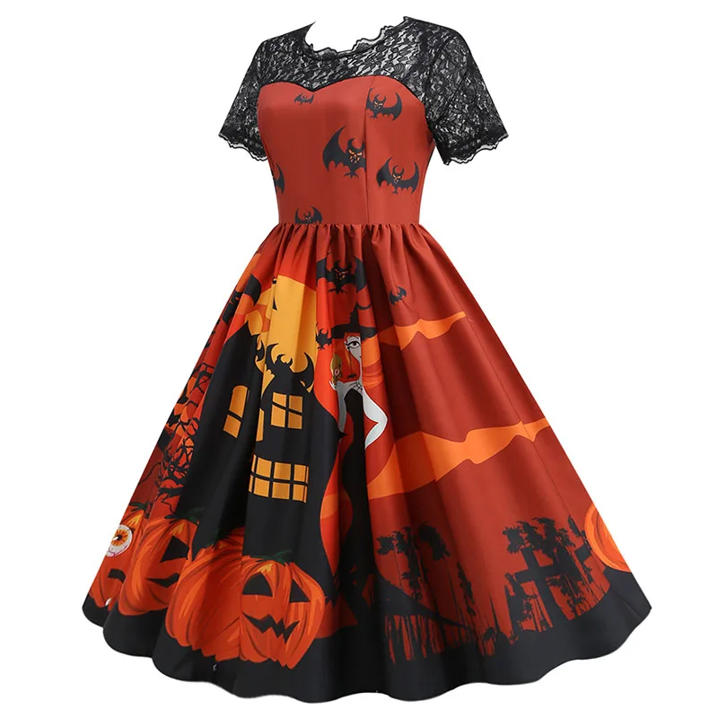 Women Casual Halloween Dress Short Sleeve Lace Evening Party Dresses Vintage Sundress Patchwork Party Dress