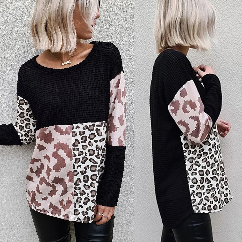 

O Neck Leopard Patchwork Vintage Shirt Casual Tops For Women Black Camisas Mujer 2020 Autumn Ladies Top Long Sleeve Pullovers