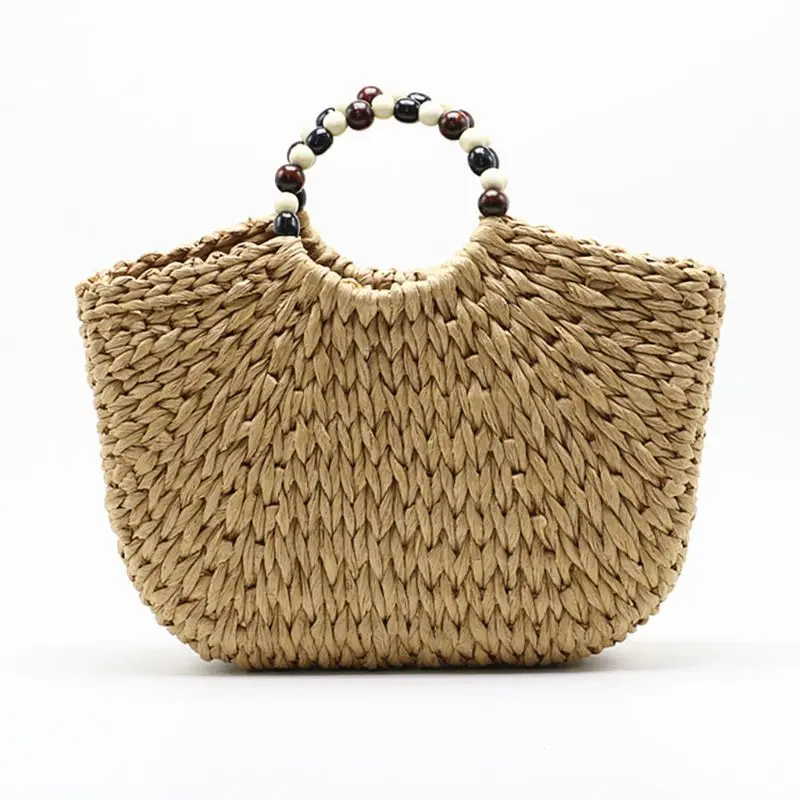 Beach Straw Bag Women Large Hand-woven Purse Summer Rattan Top-handle Tote Handbag with Beaded Handle X7XC