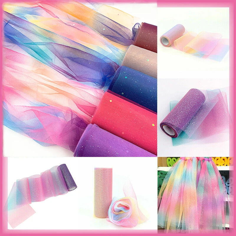 10Yards/Roll Rainbow Glitter Tulle Fabric DIY Soft Netting Craft Gift Tutu Skirt Home Wedding Dress Stage Doll Clothing Decor