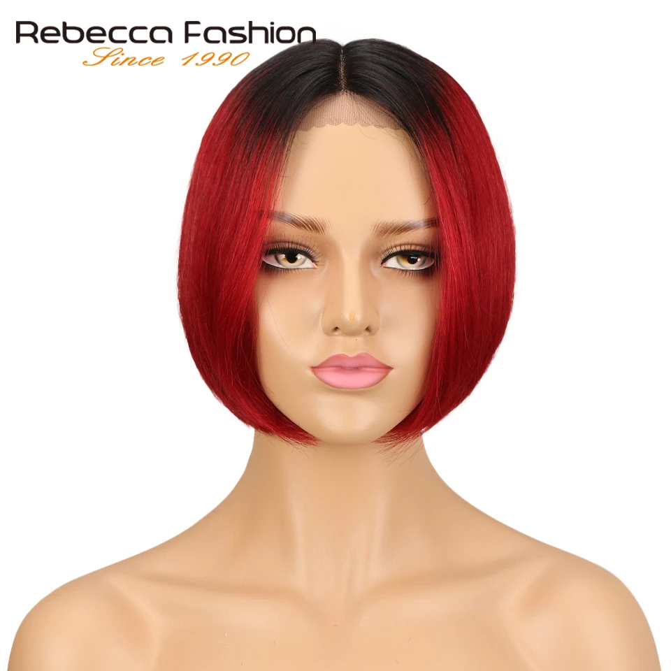 Rebecca шелковистая прямая Короткая Боб Синтетические волосы на кружеве человеческих волос парики для Для женщин Two Tone 2/розовый цвет средняя