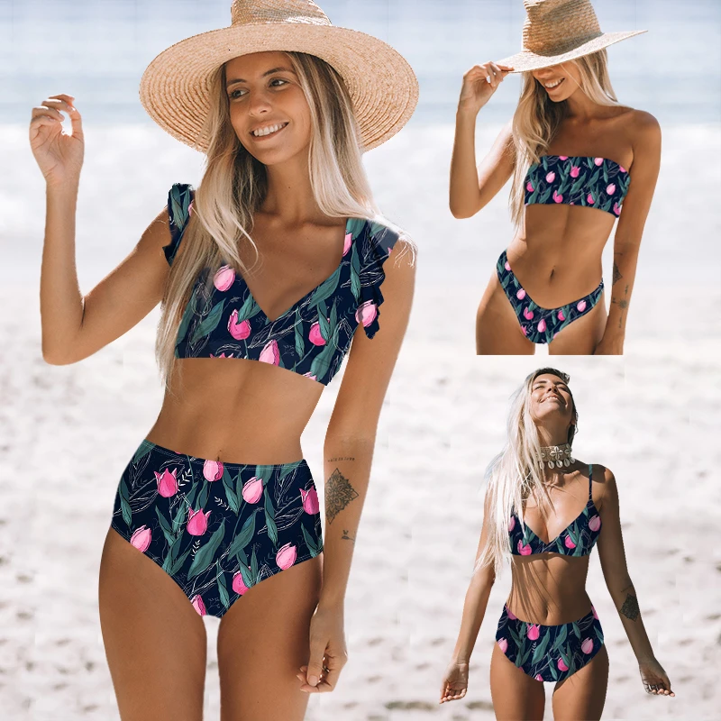 

Solid Floral Print Bikini Set Women Sexy Ruffle Swimwear Tube Top Bikinis Brazilian Swimsuit Bathing Suit Biquinis Feminino 2019