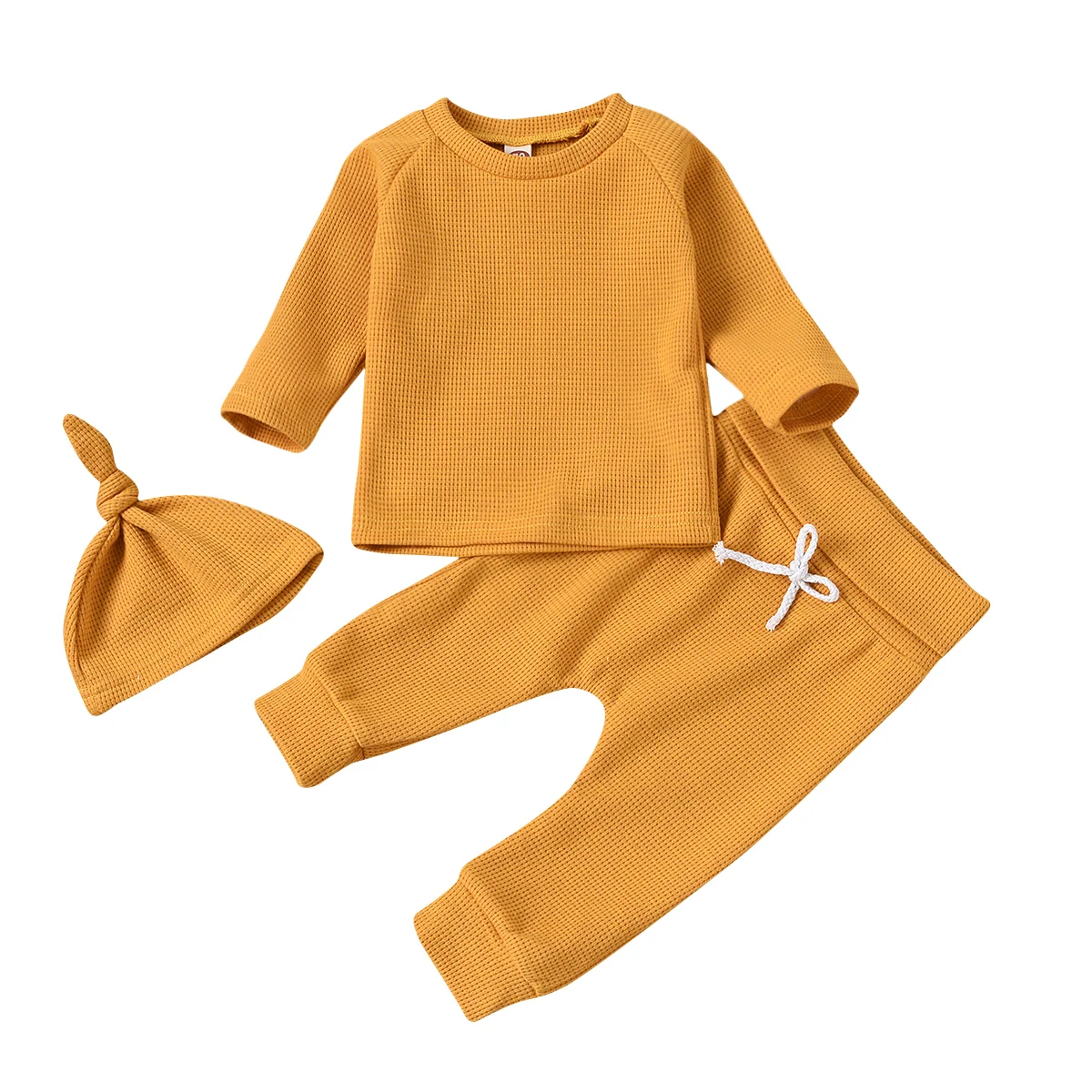 

3 Pieces Baby Suit Set Solid Color Round Neck Long Sleeve Pullover+ Trousers+ Hat 0-24M