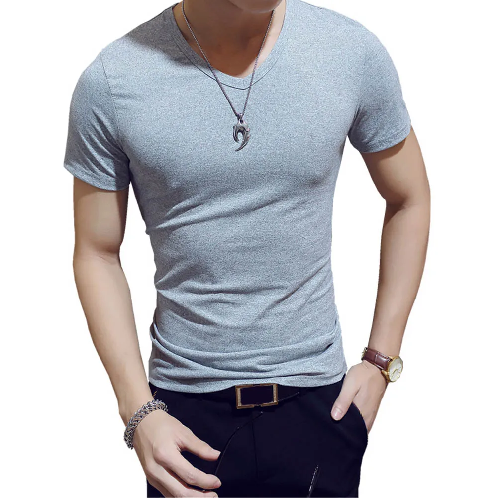 

Hot Sale 2019 Korean Style Summer Men T-Shirt Short Sleeve V Neck Solid Color Tops Gym Fitness Casual T-Shirts IE998