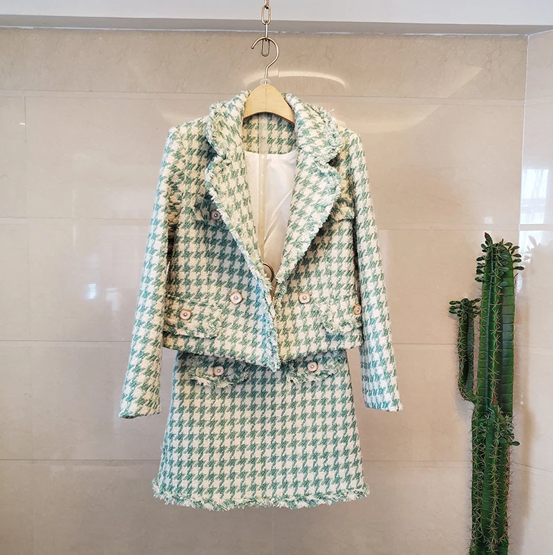 

High Quality Woolen Green Plaid Short Coat Suits New Fall Winter Tweed Tassel Jacket 2 Piece Set And Fringed A Line Skirt Set