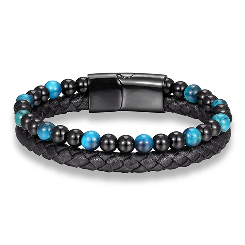 HIUS Men's Leather Bracelet With Tiger Eye Beads - Braided Wristband With Magnetic Clasp - View #4