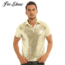 Стильные мужские футболки с блестящими блестками и отложным воротником с короткими рукавами 1970s вечерние футболки в стиле хип-хоп