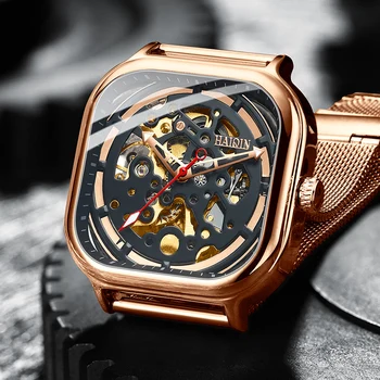 

Watch Men's Automatic Mechanical Fashion Dress Square Hollow Watch Ultra-thin Mesh Steel Belt Analog Clock Waterproof HAIQIN