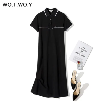 

WOTWOY Embroidery Casual Black T-shirt Dress Women Solid Summer Cotton Polo Dresses Female Ankle-length Robe Ete Vestidos 2020