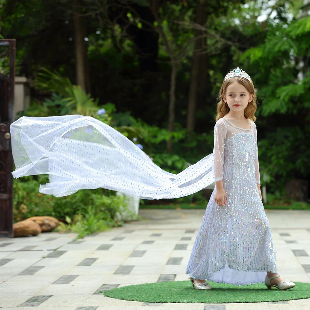 Birthday Party Girls Princess Elsa Dress Summer Toddler Girl Long Sleeve Blue Dresses with Long Tail Sequins Elegant Ball Gowns