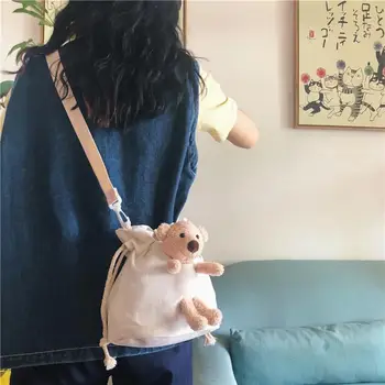 

Women Canvas Drawstring Bucket Bag Classic Texture Delicate Design Chic Cute Cartoon Bear Shoulder Crossbody Pouch