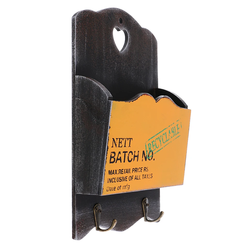 Wooden Mail Letter Holder Key Rack Organizer Wall Mount w/ 2 Hook Decor for Home Garden House Cafe Shop Ornament