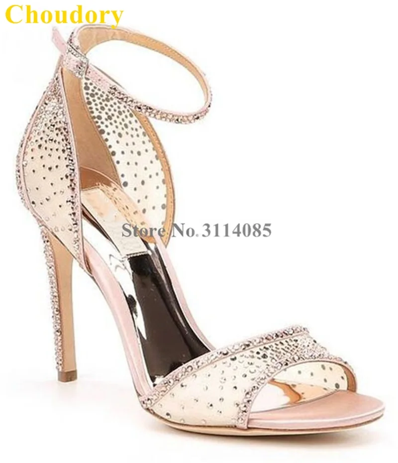 Choudory Champagne Mesh Crystal High Heel Sandals Bling Bling Wedding Shoes Open Toe Banquet Pumps Rhinesone Party shoe Dropship