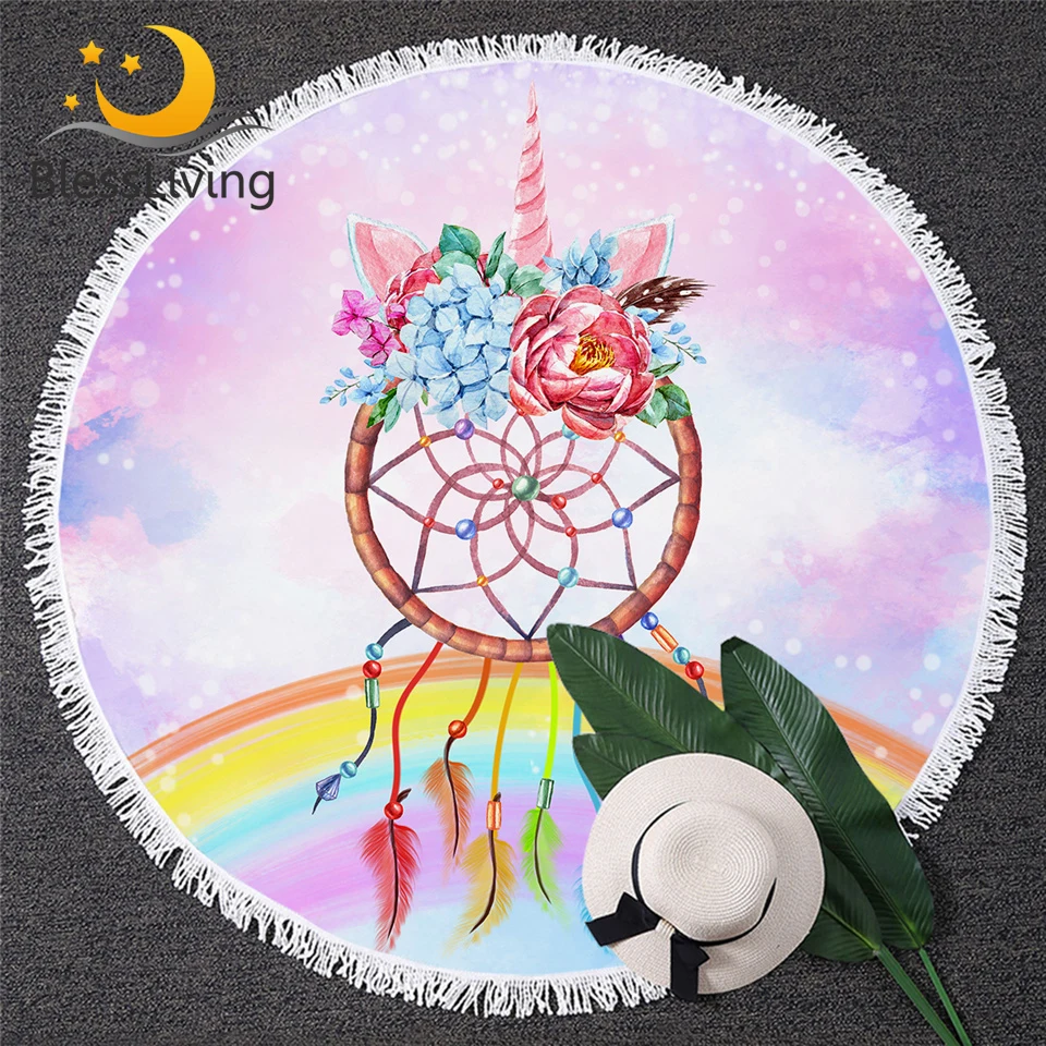 BlessLiving Pink Horn Microfiber Towel Bathroom Unicorn Rainbow Beach Towel Round Watercolor Peony Blanket Dreamcatcher Tapestry