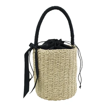 Borsa a mano da donna fatta a mano borsa a secchiello in paglia borse da spiaggia estive femminili borsa a mano con manico superiore in tessuto bohémien cestino con coulisse lavorato a maglia