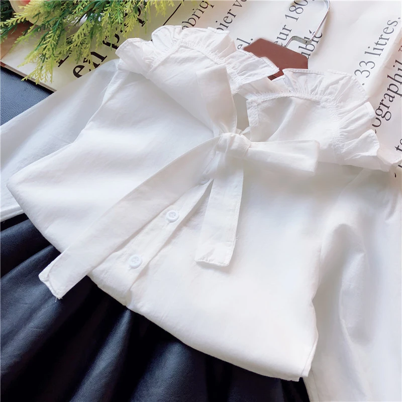 Kids Toddler Girls White Casual Shirt Spring Autumn Little Baby Girl Blouse Long Sleeve Bow Princess Elegant Bottoming Shirts