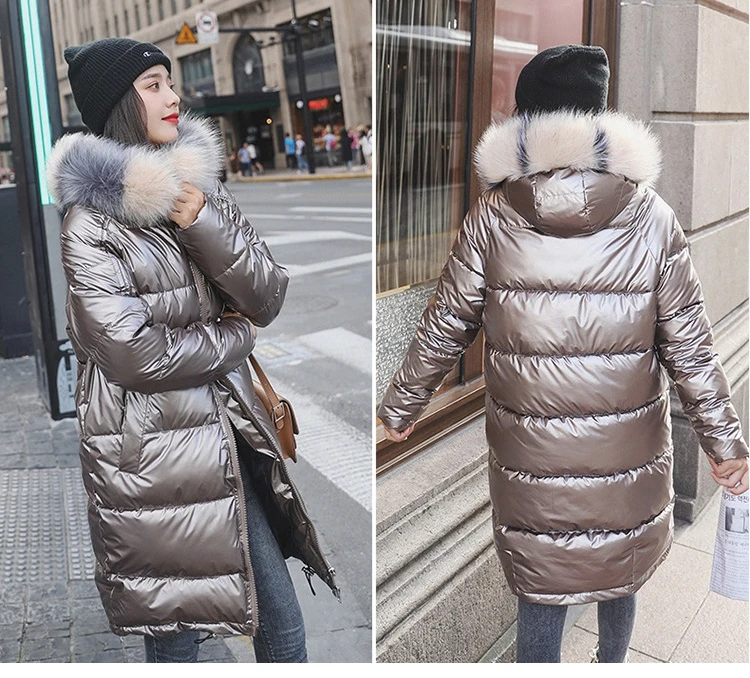 FICUSRONG Fashion Medium Long Glossy Down Parka Womens Winter Jackets Coats Warm Thicken Shining Babric Stylish Fur Ladies Coats