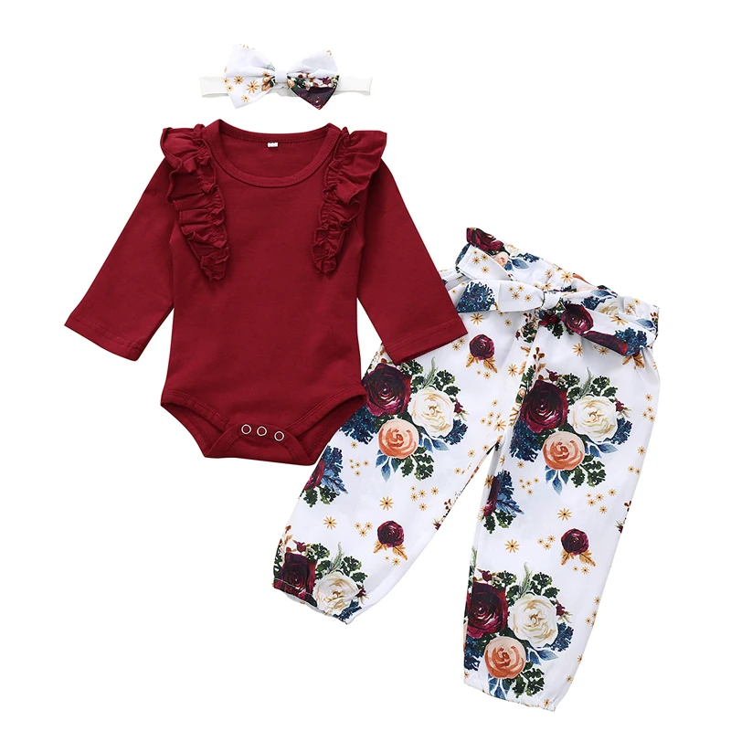 Newborn Baby Girl Clothes Set Fashion Autumn Toddler Outfit Solid Color Romper Pants Headband Little New born Infant Clothing warm Baby Clothing Set Baby Clothing Set