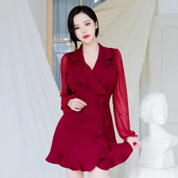 

Summer 2020 New Korean Women's Elegant Dress Sexy Deep V-neck Double-breasted Long-sleeve OL Slim Trumpet Mermaid Dress Vestidos