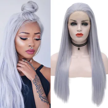 

QUINLUX WIGS Grey Silky Straight Wigs For Black Women Synthetic Hair Lace Front Wig Cosplay African High Temperature Heat Fiber
