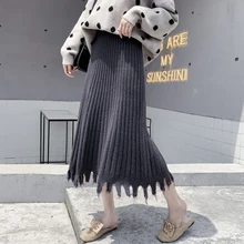 Новая женская трикотажная юбка с высокой талией, плиссированные длинные юбки с большим маятником, коричневые, серые, черные, абрикосовые 9361