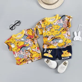 

New baby boy clothes cotton round neck short sleeve shorts two-piece baby clothes cartoon cute bear print casual baby suit