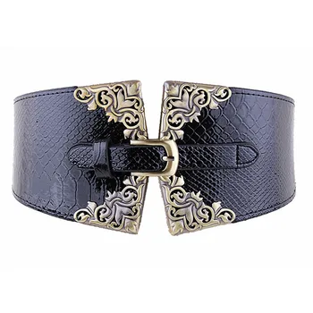 

New Lady Women Elastic Waistband Wide Waist Belt Retro Metal Buckle Faux Leather red Brown