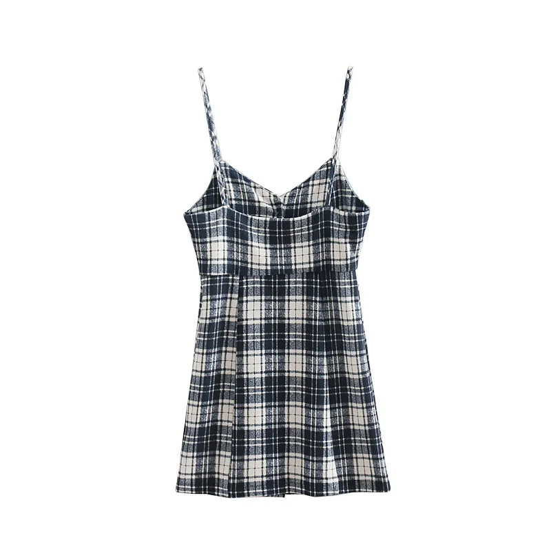 

18 Europe And America Autumn New Style ZAR Base Skirt Check Print Button Camisole Backless Dress A- line Skirt Women's