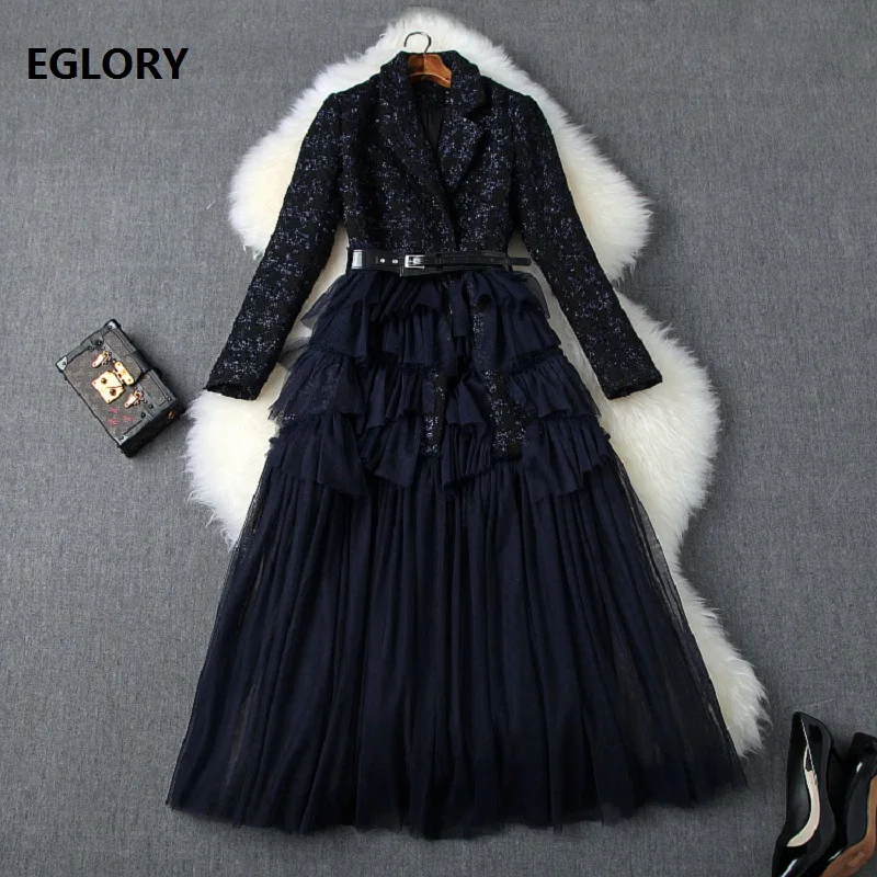 

Top Quality 2019 Autumn Winter Dress Women Notched Collar Cascading Ruffle Mesh Patchwork Long Sleeve Mid-Calf Length Wool Dress