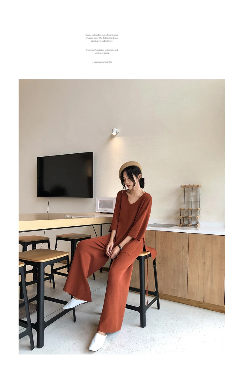 Aseven knitted suits female easing of autumn new fund split wide-legged pants twinset sweater big yards