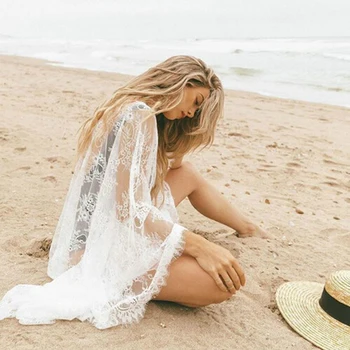 Women 2020 Summer Three Quarter Floral Lace Crochet Kimono Swimwear Cardigan Bikini Cover Up Wrap Beachwear Long Cover-Ups 1
