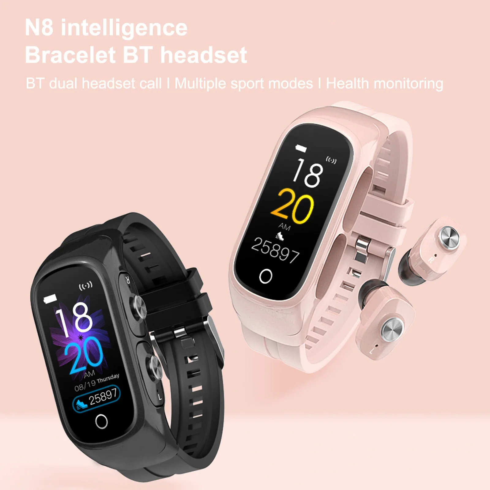 0.96inch 2-In-1 N8 Smart Watch TWS Earbuds Fitness Tracker BT 5.0 Music Headphones Heart Rate Blood Pressure Sleep Monitor