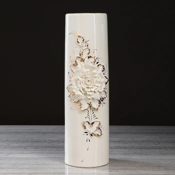 

Table vase "Cylinder", white molding, flowers, golden painting, 37 cm