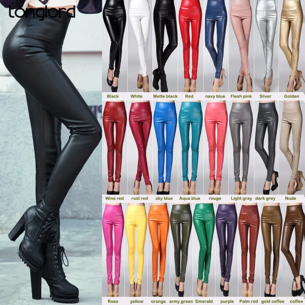 

2018 New Women's Pu Leather Pants Autumn Winter High Waist Solid Pencil Pants Office Lady Elastic Skinny Long Trousers 25 Colors