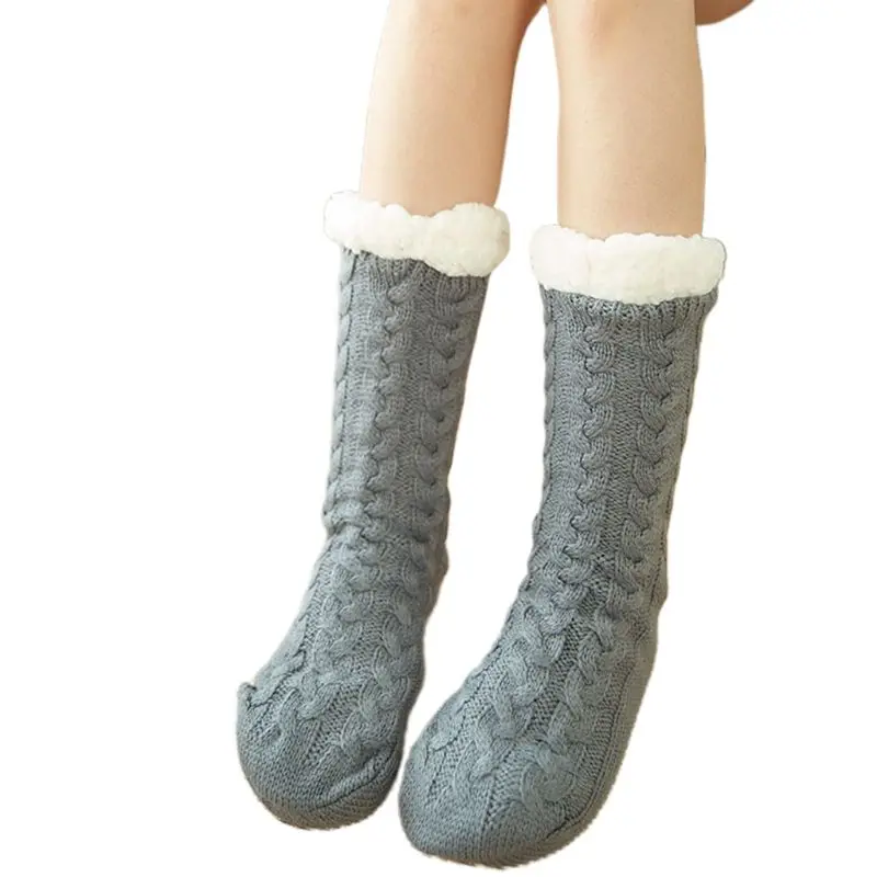 Женские зимние теплые вязаные пушистые плюшевые носки-тапочки с захватами