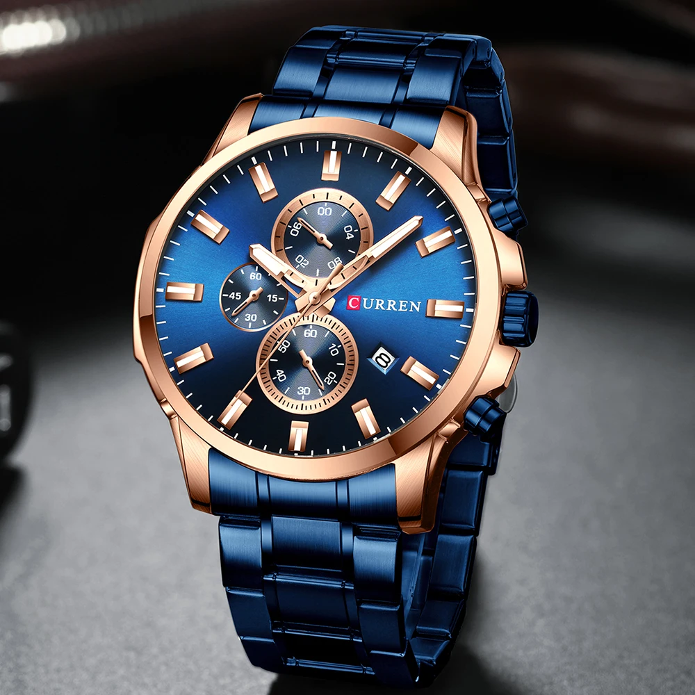 CURREN Chronograph Mens Watches Top Brand Luxury Business Watch Men Clock Relogio Masculino Waterproof Quartz Blue Wristwatch