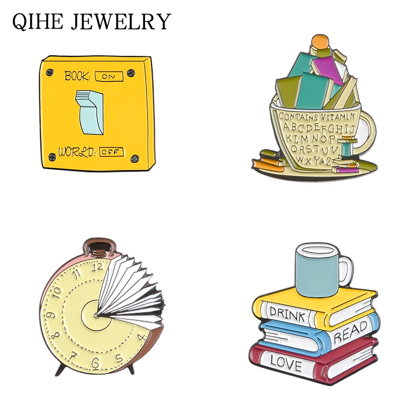 

Reading series Cartoon Badges Soft Enamel Pin Alarm clock Cup Book Switch Lapel Pin Brooches For Friends Kids Creative Jewelry